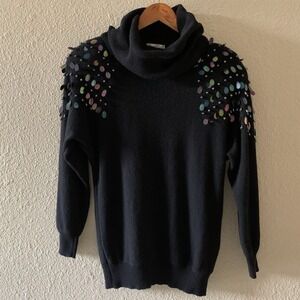 Eminent Women's Medium Black 80s Lambswool Cowl Neck Sweater with Sequin & Beads